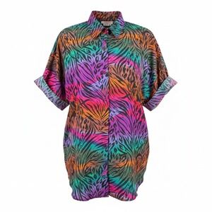 Simon Chang VTG Neon Animal Print Button Down Tunic Oversized M Retro 90s 80s